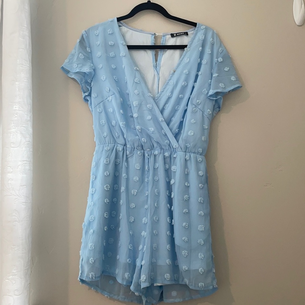 Super cute light blue polka dot romper!